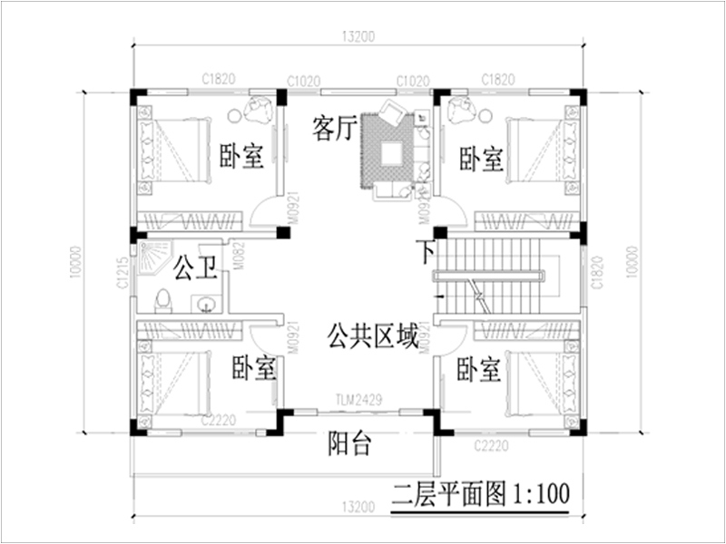 農(nóng)村小型框架別墅設(shè)計(jì)二層平面圖