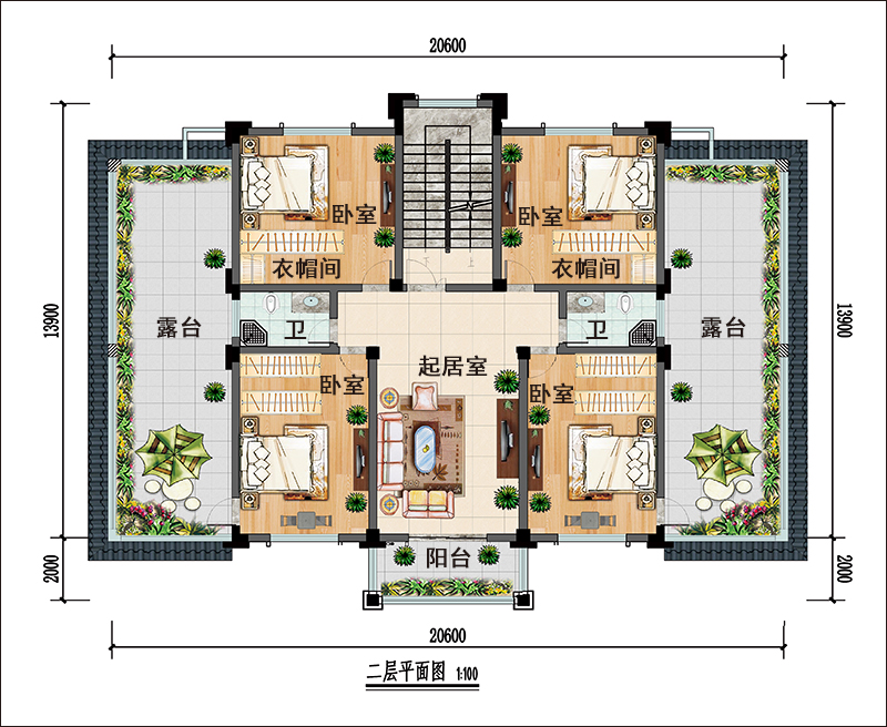 四層歐式雙拼別墅二樓戶型圖