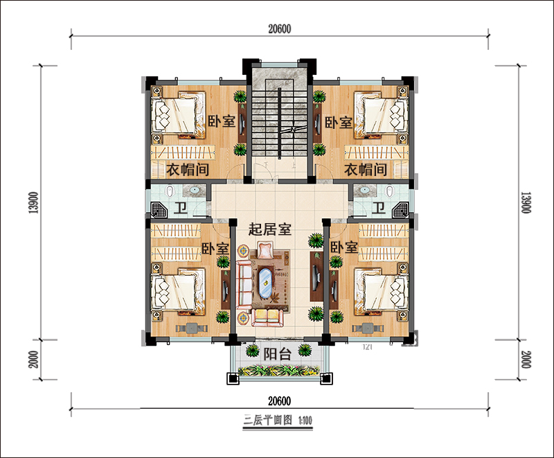 四層歐式雙拼別墅三樓戶型圖