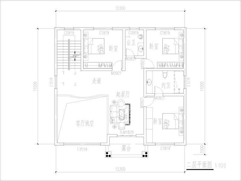 農(nóng)村三層自建別墅二層戶型圖