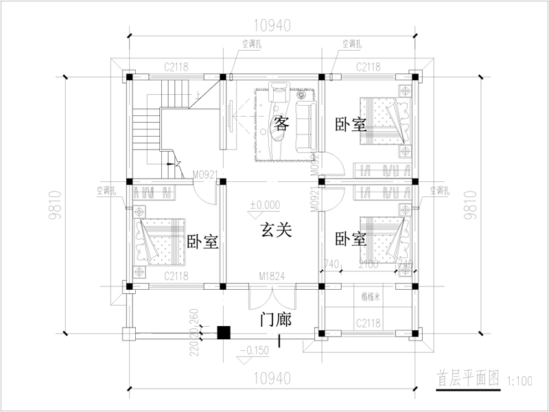 農(nóng)村二層樓房一層平面圖