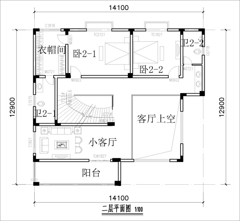 現(xiàn)代四層別墅設(shè)計二層戶型圖