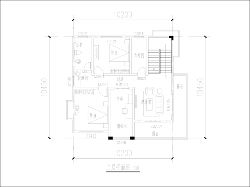 三層現(xiàn)代風(fēng)格別墅二樓戶型圖