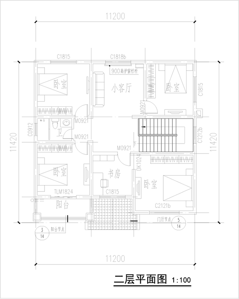 農(nóng)村120平方別墅二層戶型圖