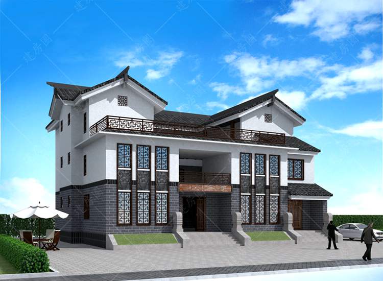 鄉(xiāng)村新中式三層獨(dú)棟別墅設(shè)計(jì)圖，帶天井設(shè)計(jì)