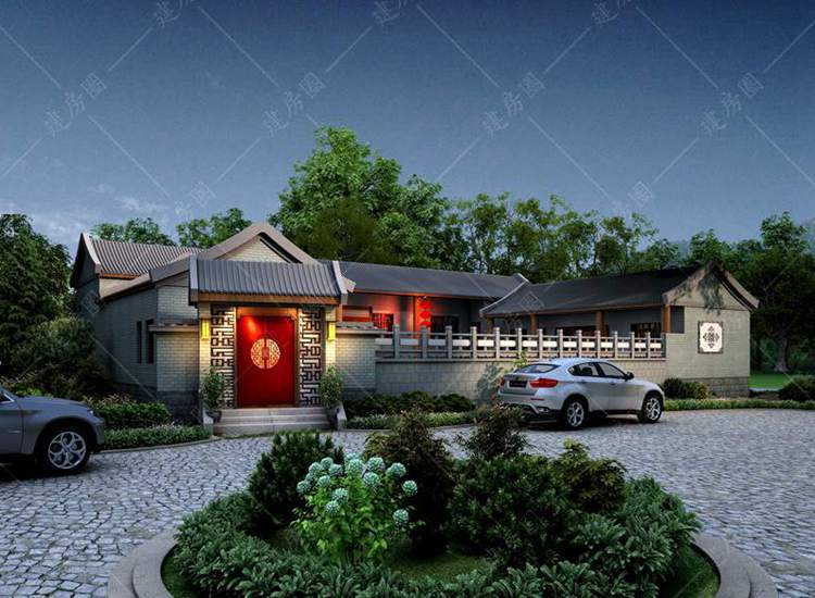 鄉(xiāng)村一層中式四合院設計圖紙，帶庭院設計