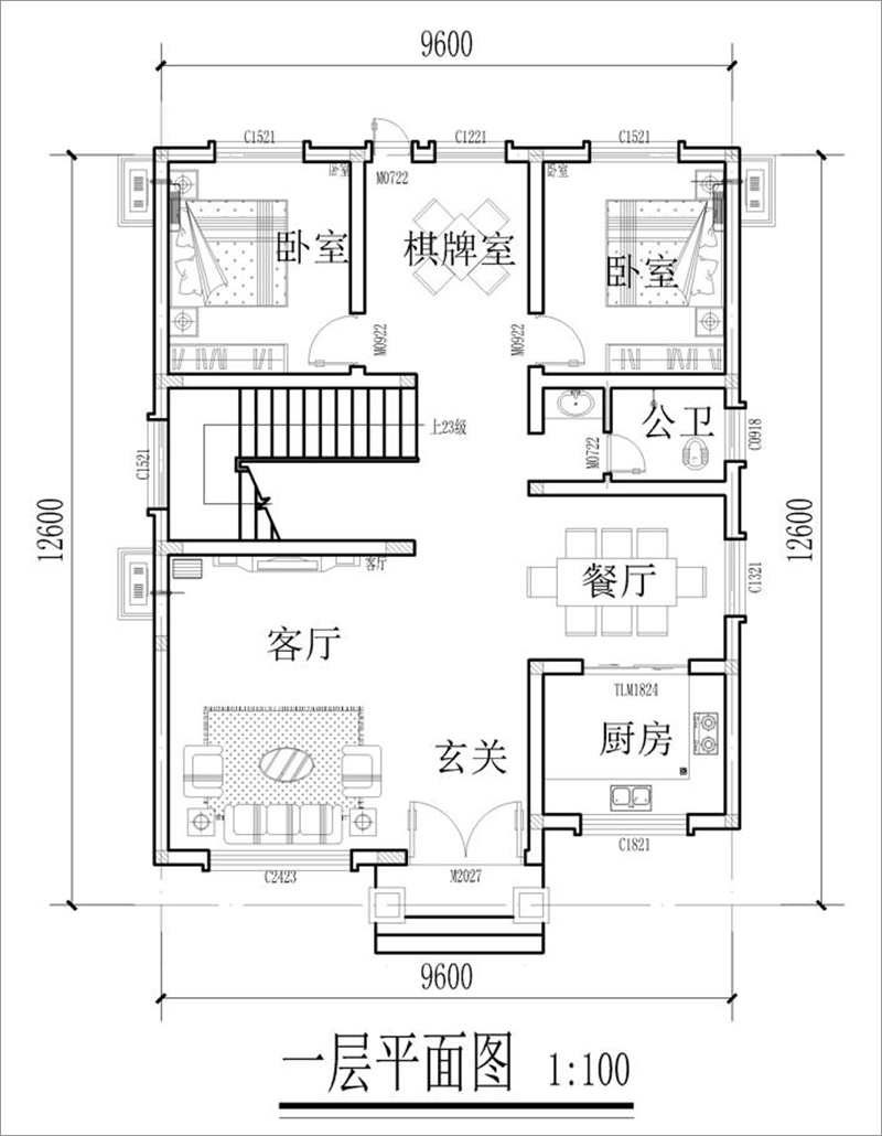 二層農(nóng)村別墅自建房一層平面圖