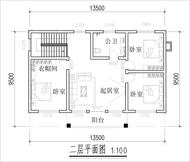 農(nóng)村120平方二層別墅布局圖