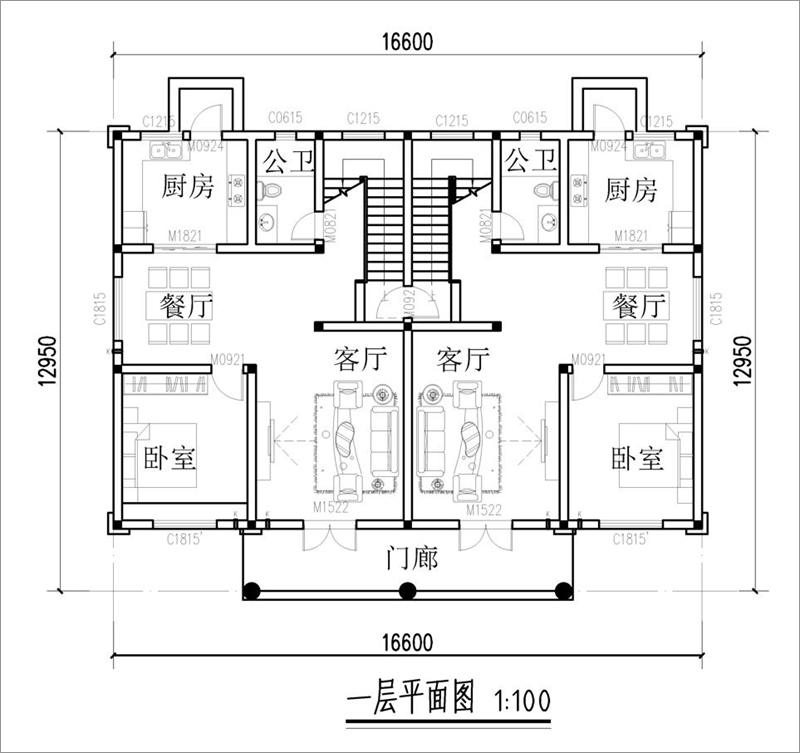 農(nóng)村二層雙拼別墅設(shè)計(jì)一層戶型圖
