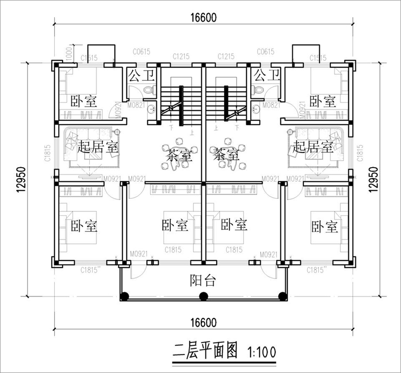 農(nóng)村雙拼別墅設(shè)計(jì)二樓戶型圖