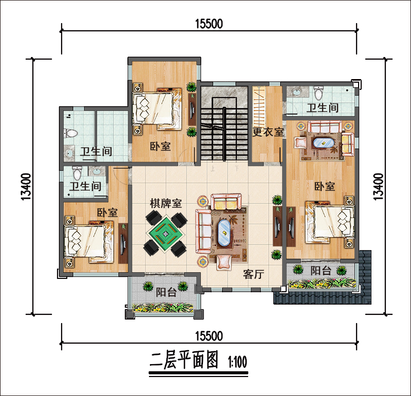 農(nóng)村新中式別墅二層設(shè)計(jì)圖