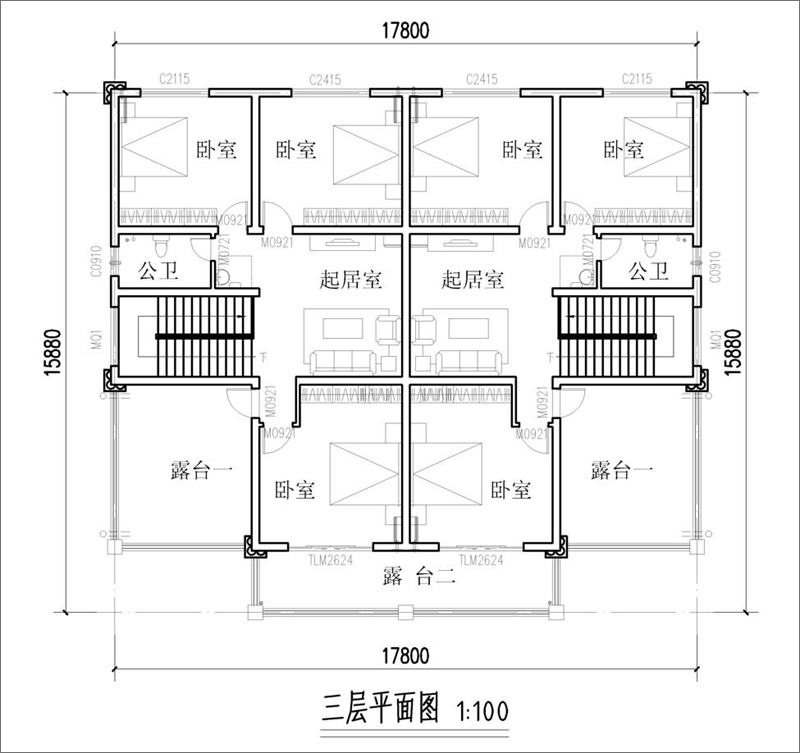 農(nóng)村雙拼三層戶(hù)型圖