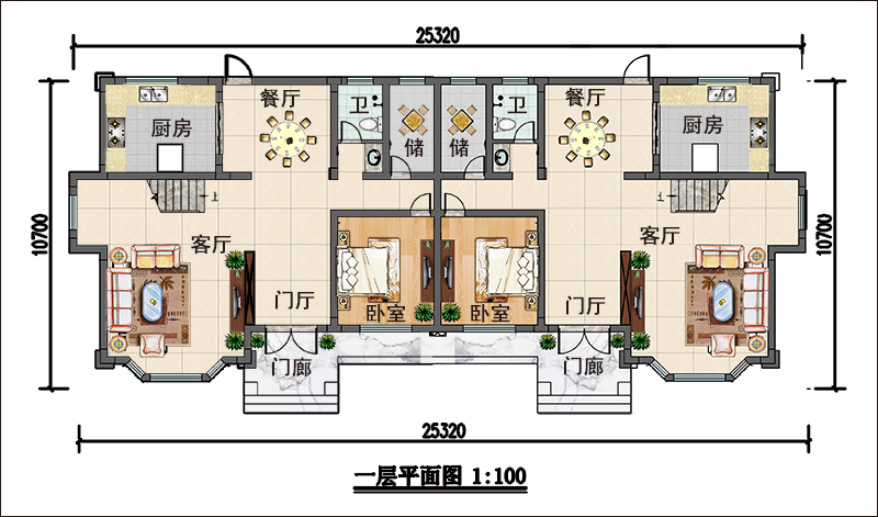 農(nóng)村雙拼別墅一層平面圖