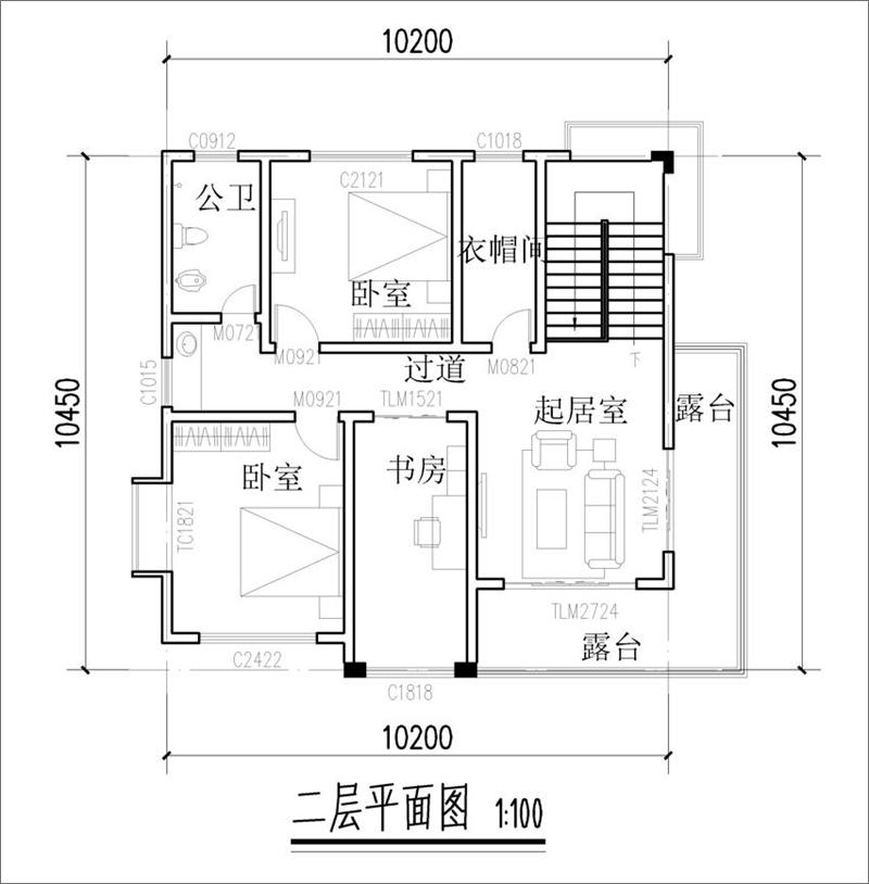 三層現(xiàn)代風(fēng)格別墅二樓戶型圖