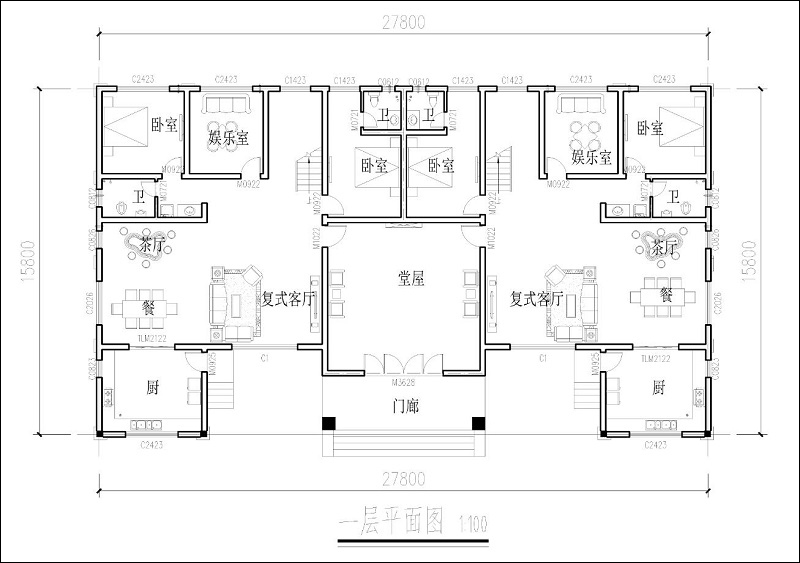 雙拼自建房一層平面圖