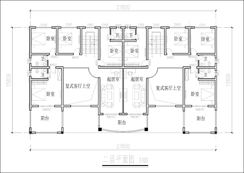 農村雙拼自建房二層平面圖