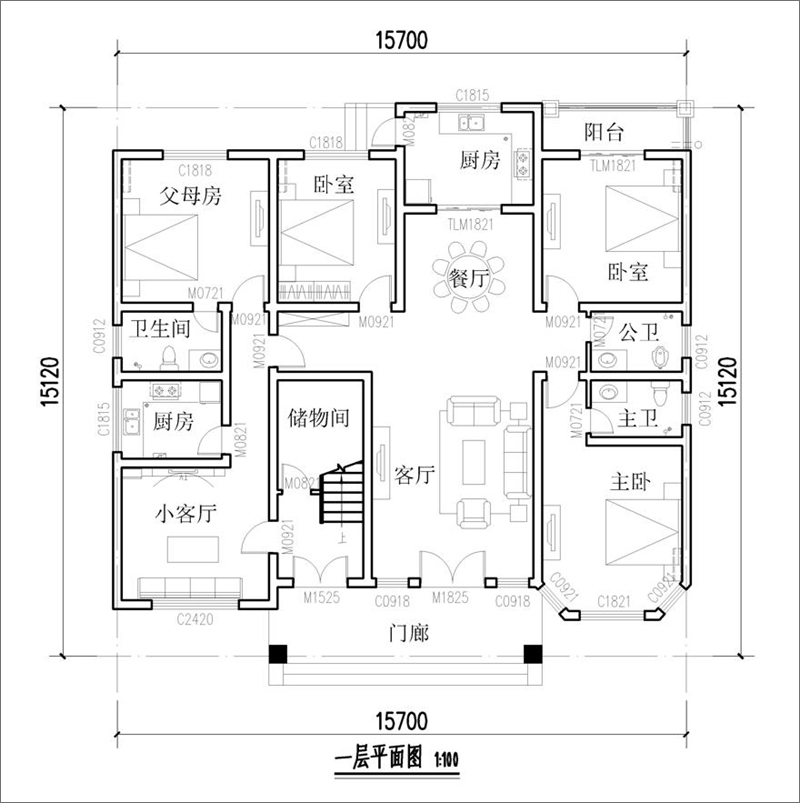 農(nóng)村三層歐式自建別墅一層平面布局圖