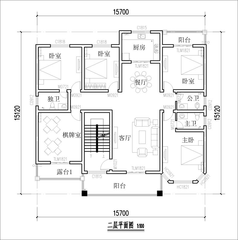 農(nóng)村三層歐式自建別墅二層平面布局圖