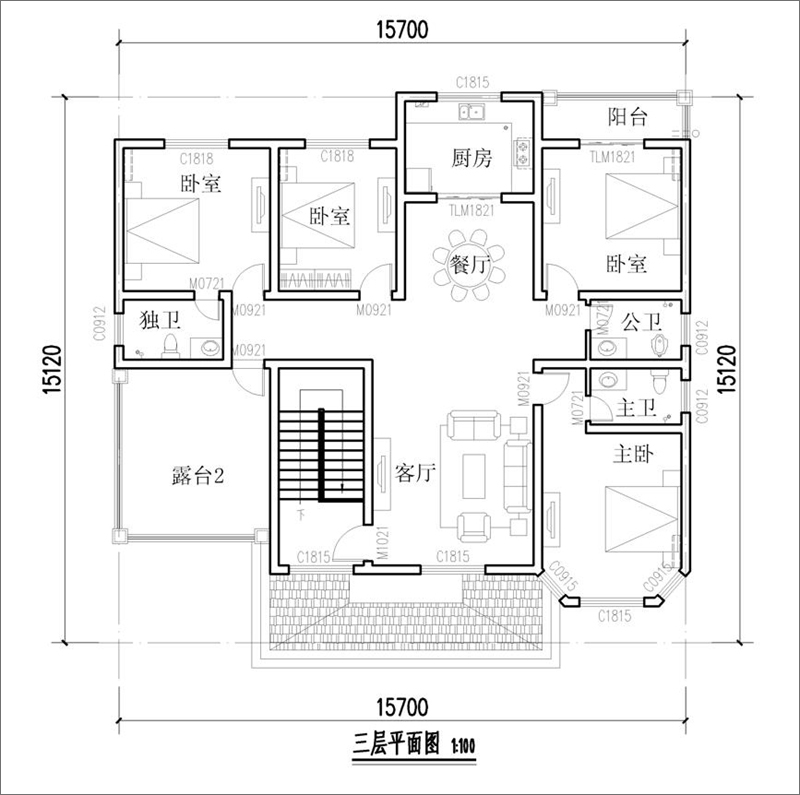 農(nóng)村三層歐式自建別墅三層平面布局圖