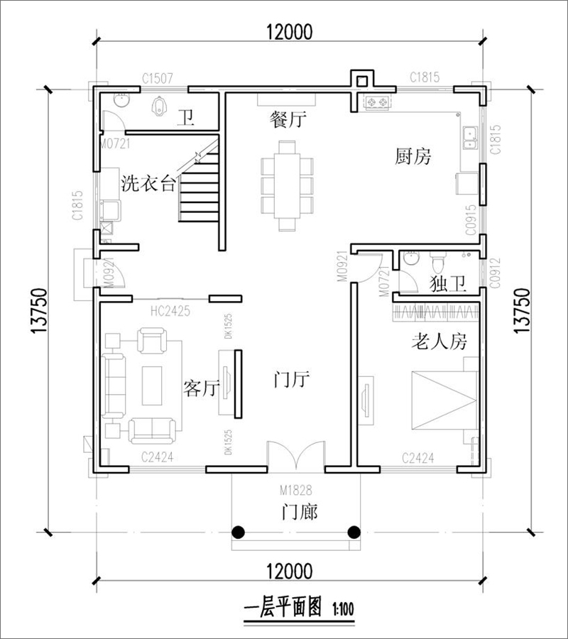 農(nóng)村40萬三層歐式自建別墅一層平面布局圖