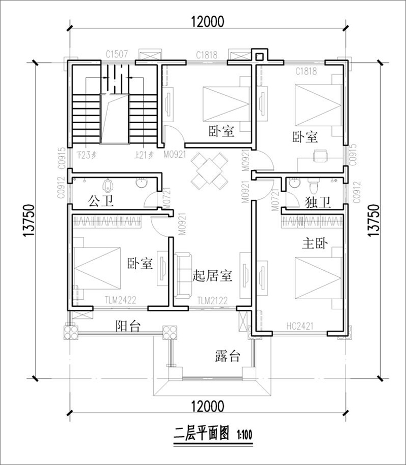 農(nóng)村40萬三層歐式自建別墅二層平面布局圖