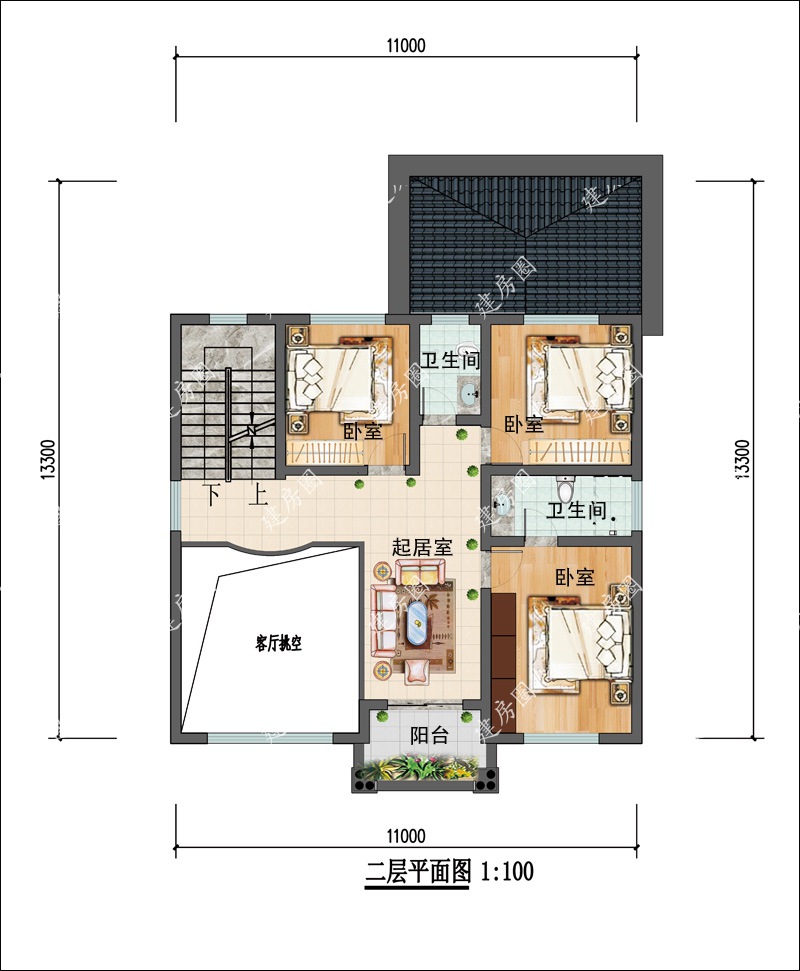 三層歐式小別墅二層平面布局