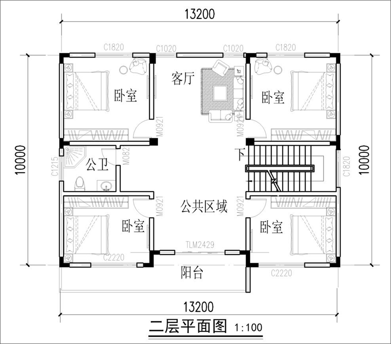 農(nóng)村小型框架別墅設(shè)計(jì)二層平面圖