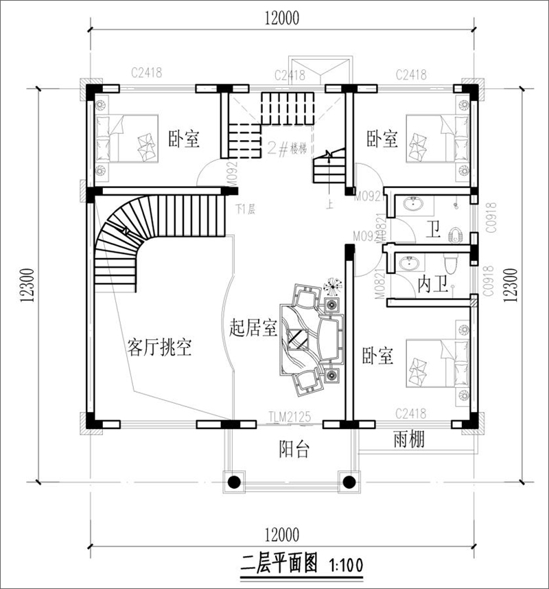 農村三層別墅設計二層平面布局圖