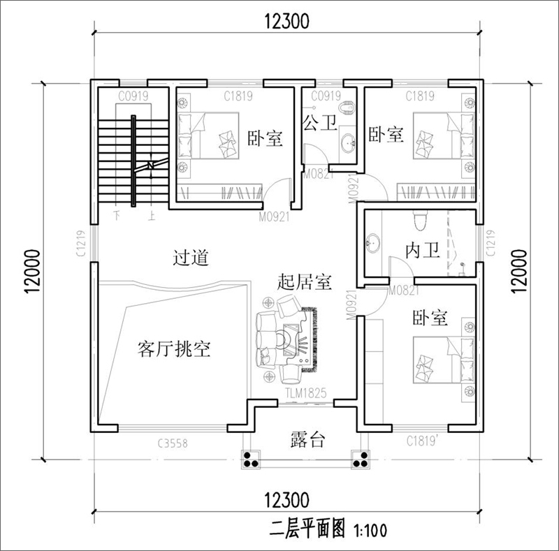 農(nóng)村三層自建別墅二層戶型圖