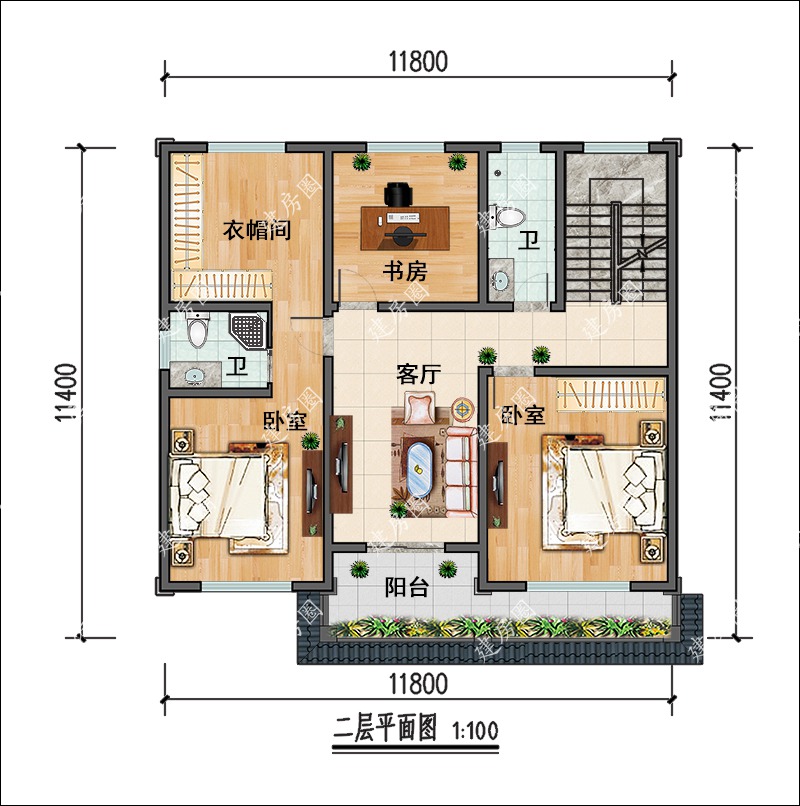 新中式獨棟別墅二層戶型圖