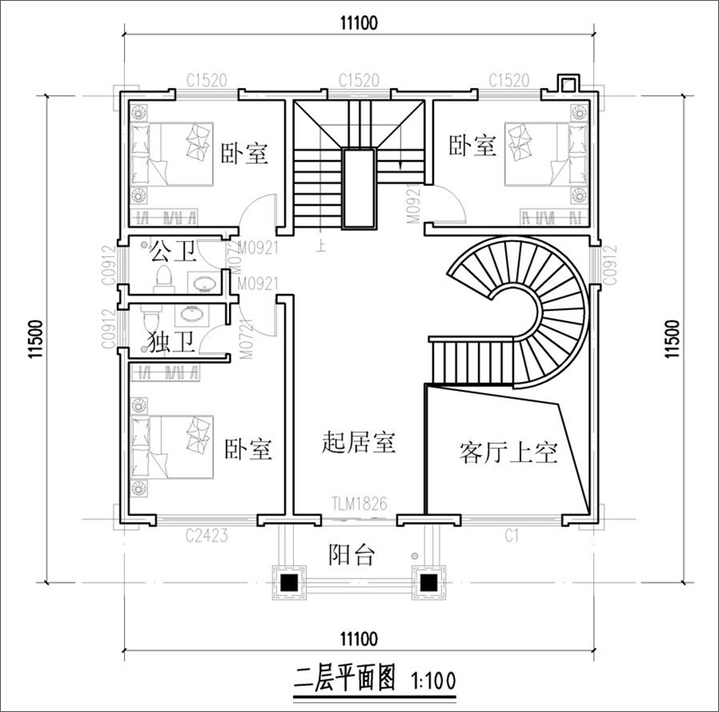 30萬(wàn)農(nóng)村三層別墅二樓戶(hù)型圖
