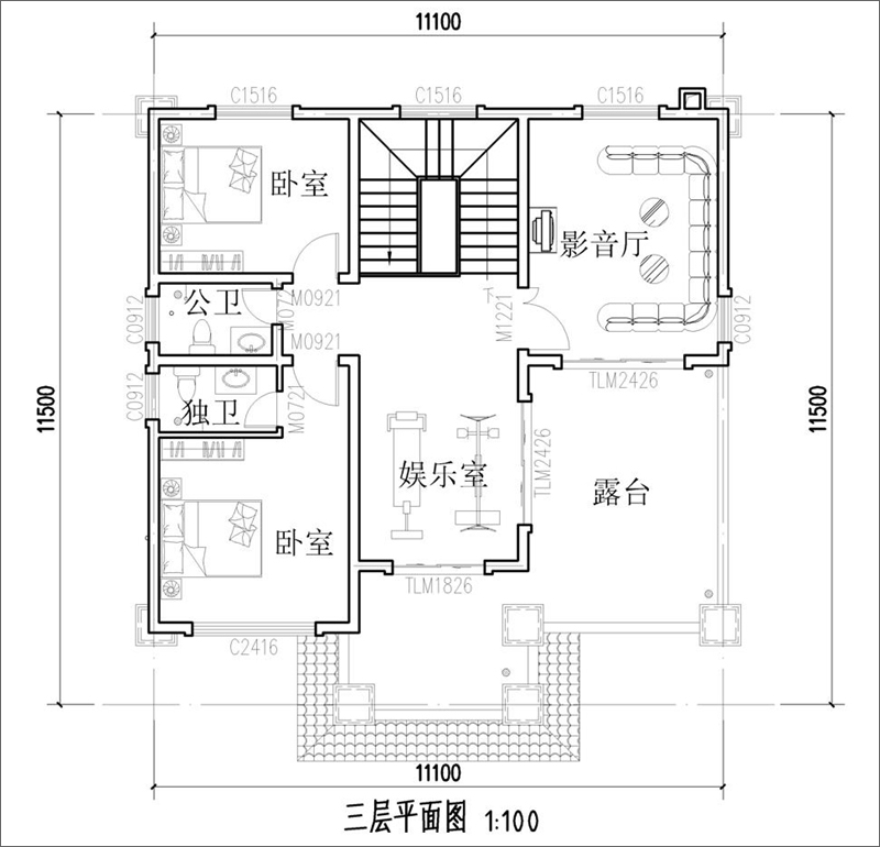 30萬(wàn)農(nóng)村三層別墅三樓戶(hù)型圖