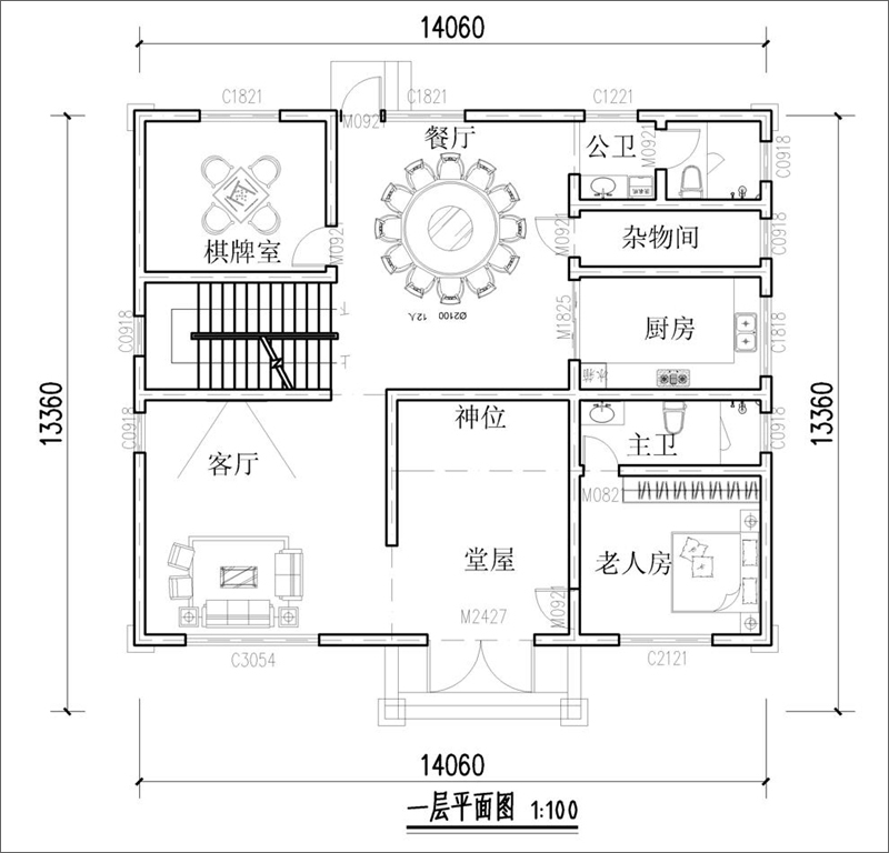 粉色歐式別墅一層平面圖