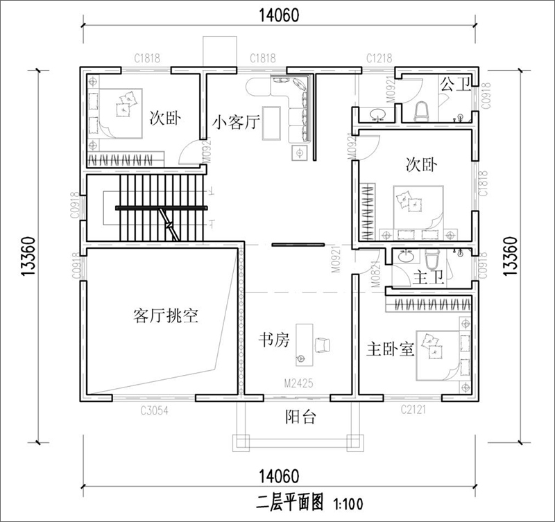 粉色歐式別墅二樓設(shè)計(jì)圖