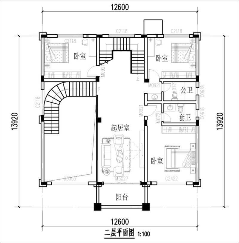 三層自建別墅二樓戶型圖