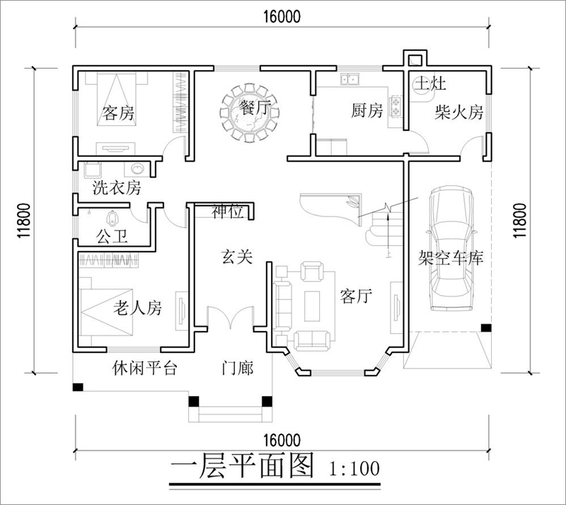 農(nóng)村二層歐式自建房設(shè)計(jì)圖紙一層平面布局圖