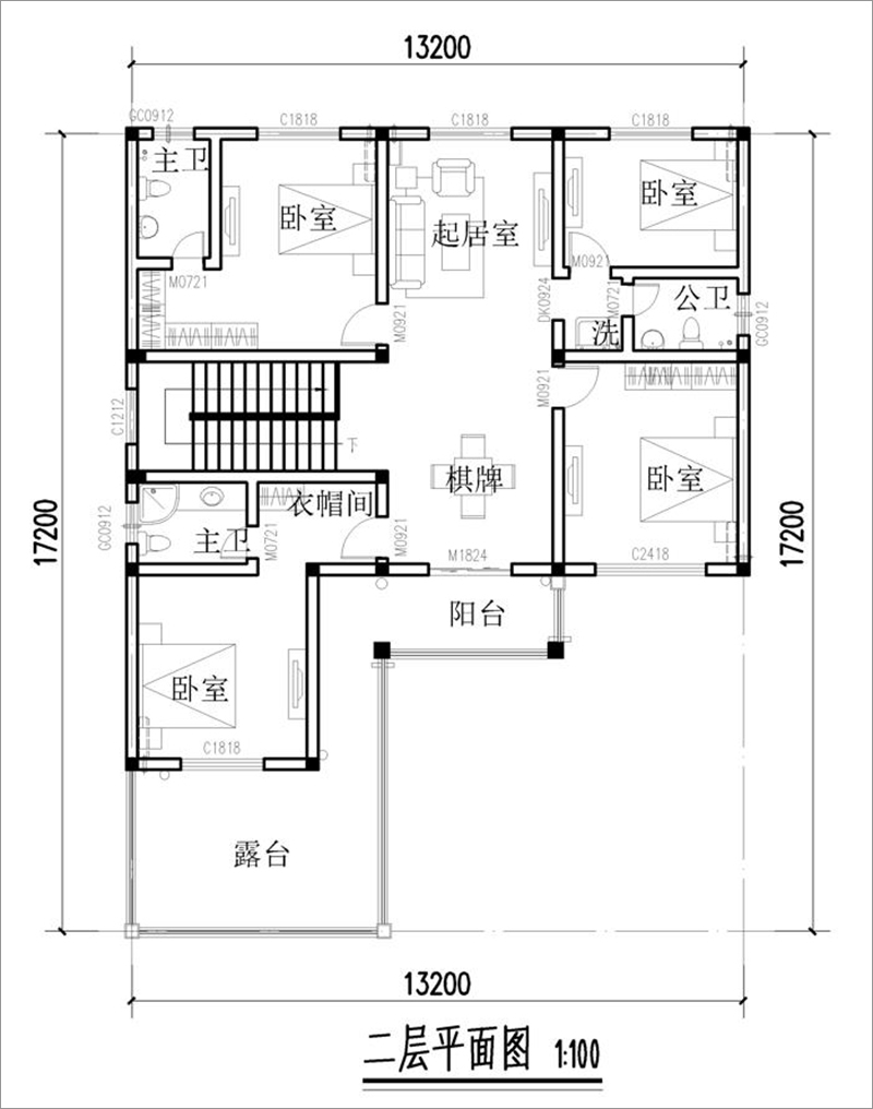 農(nóng)村二層中式風格自建房設(shè)計圖二層布局圖