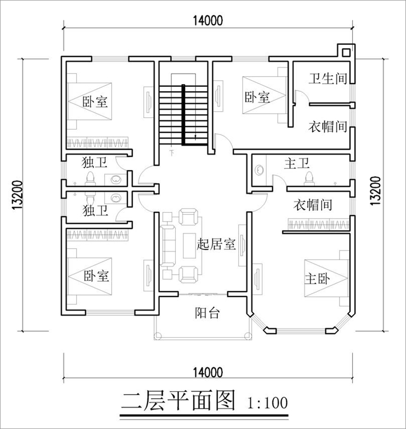 新農(nóng)村二層歐式自建別墅設(shè)計(jì)圖二層平面布局圖