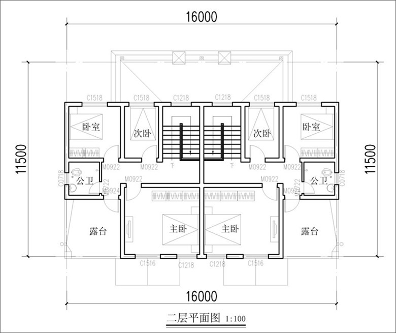 農村雙拼自建房二層平面圖