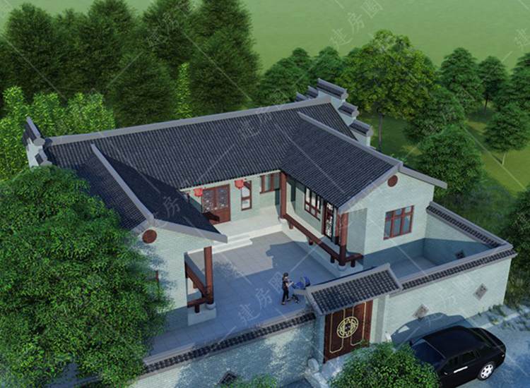 農(nóng)村一層徽派四合院設(shè)計圖紙，帶堂屋庭院