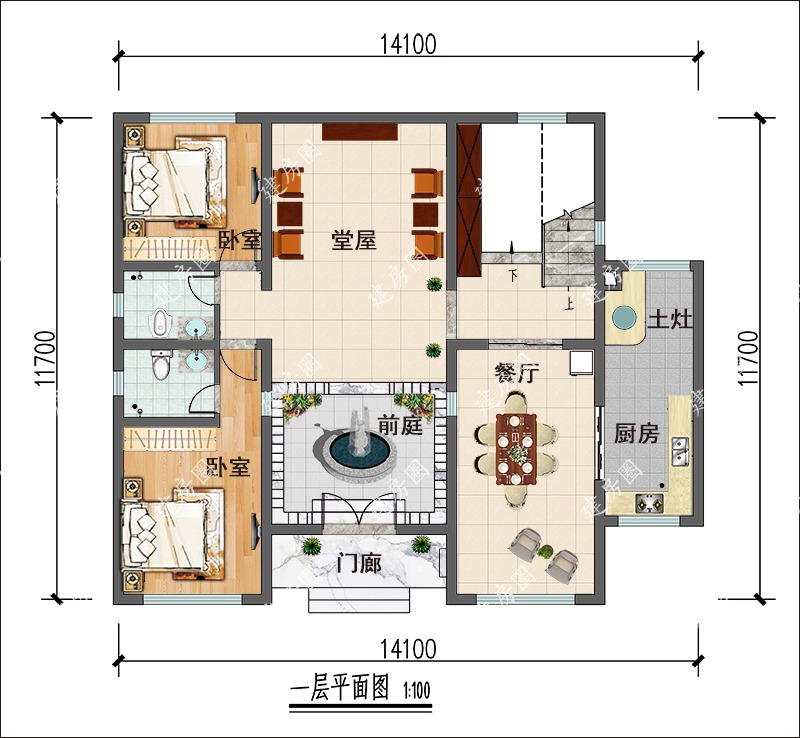 農(nóng)村150平方米新中式一層平面圖