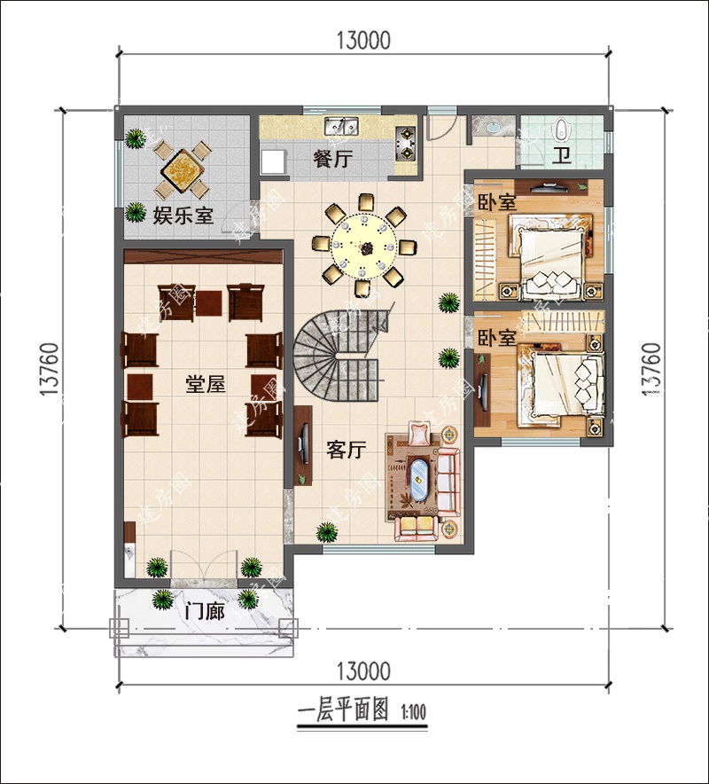 13米x14米三層農(nóng)村自建房戶型圖