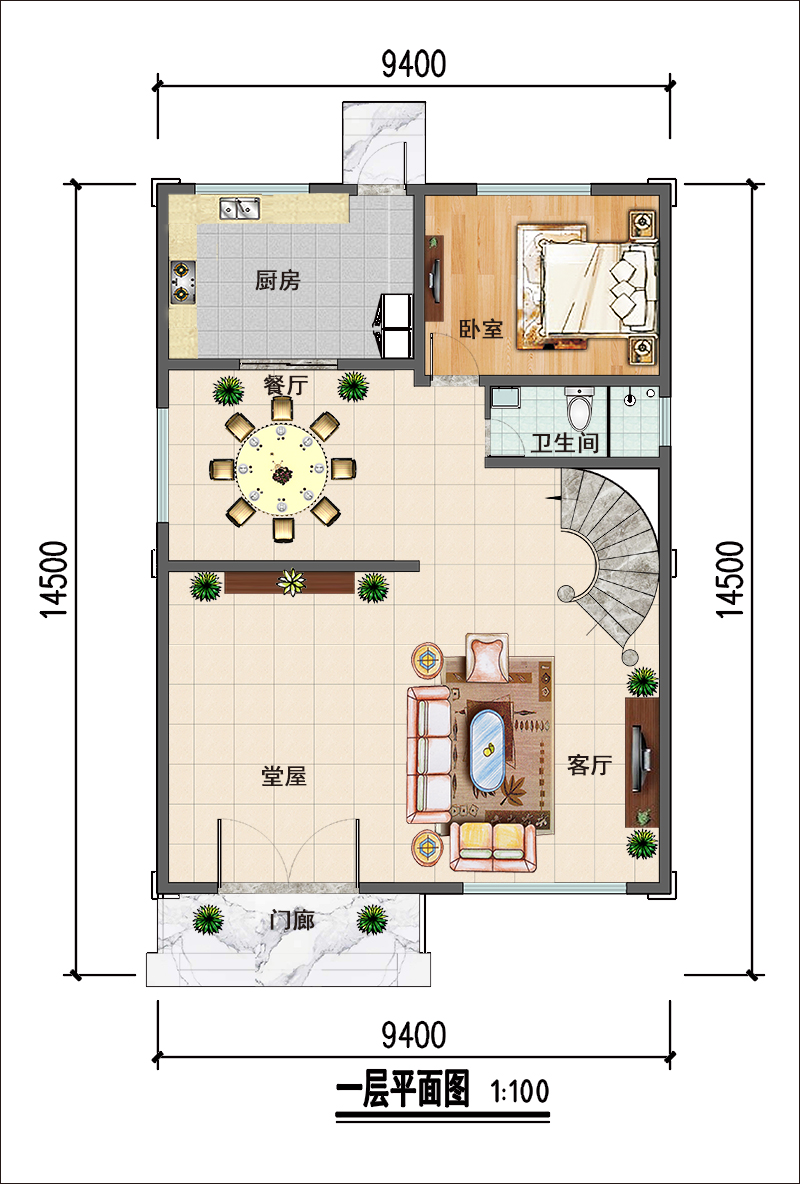 9米x15米農(nóng)村自建房設(shè)計(jì)戶型圖
