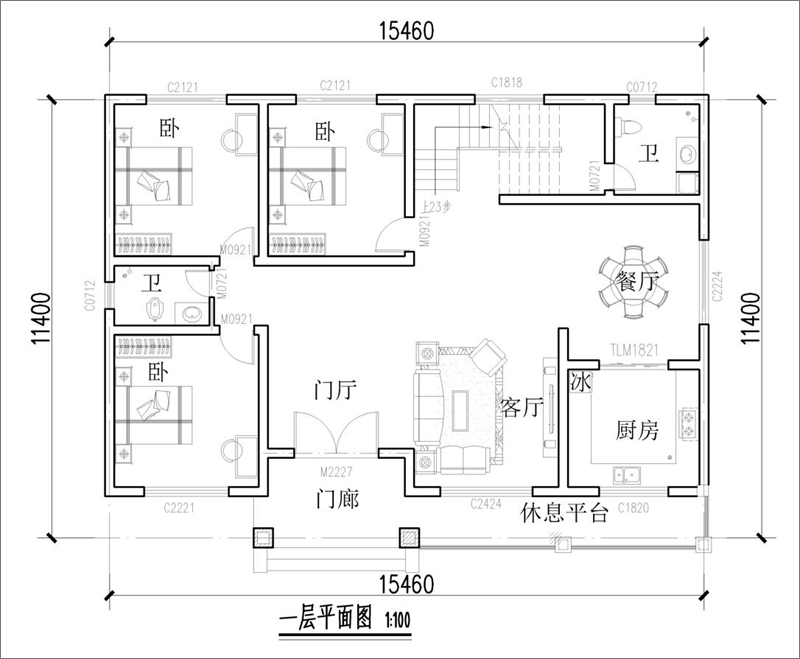15米x11米農(nóng)村四間兩層房屋平面圖