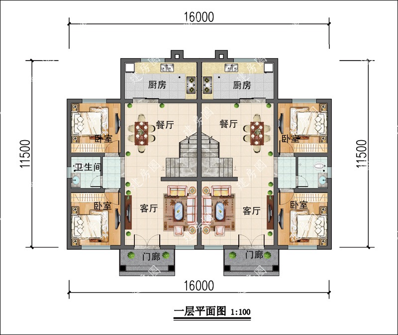 農(nóng)村二層雙拼小別墅戶型圖