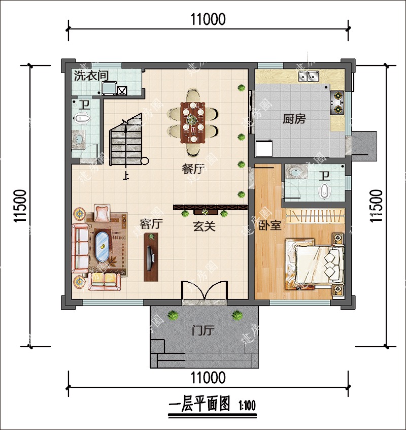 11米x11米農(nóng)村三層小別墅一層戶型圖