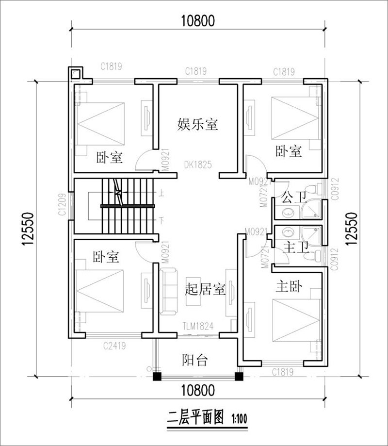 開間10米進深12米二層戶型圖