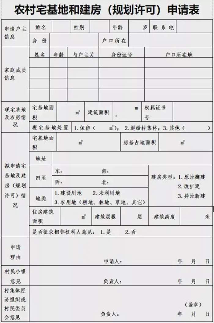農(nóng)村自建房申請(qǐng)表