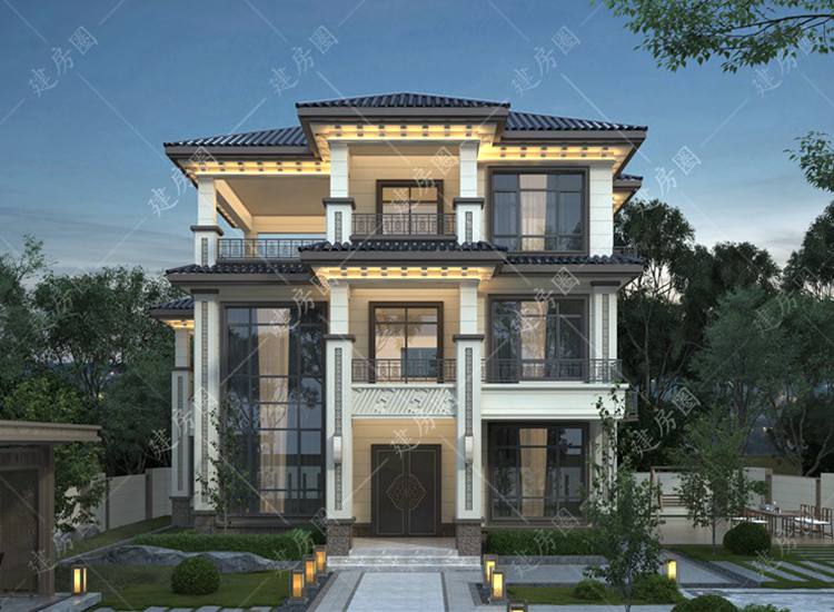 14米x13米三層自建房設(shè)計(jì)圖紙，新中式外觀(guān)典雅時(shí)尚