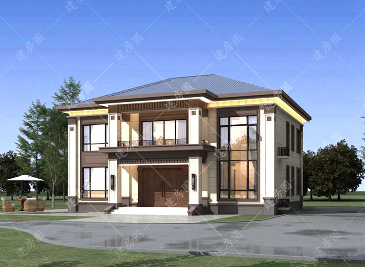 16米x11米兩層自建房別墅設(shè)計(jì)圖，現(xiàn)代新中式別墅外觀